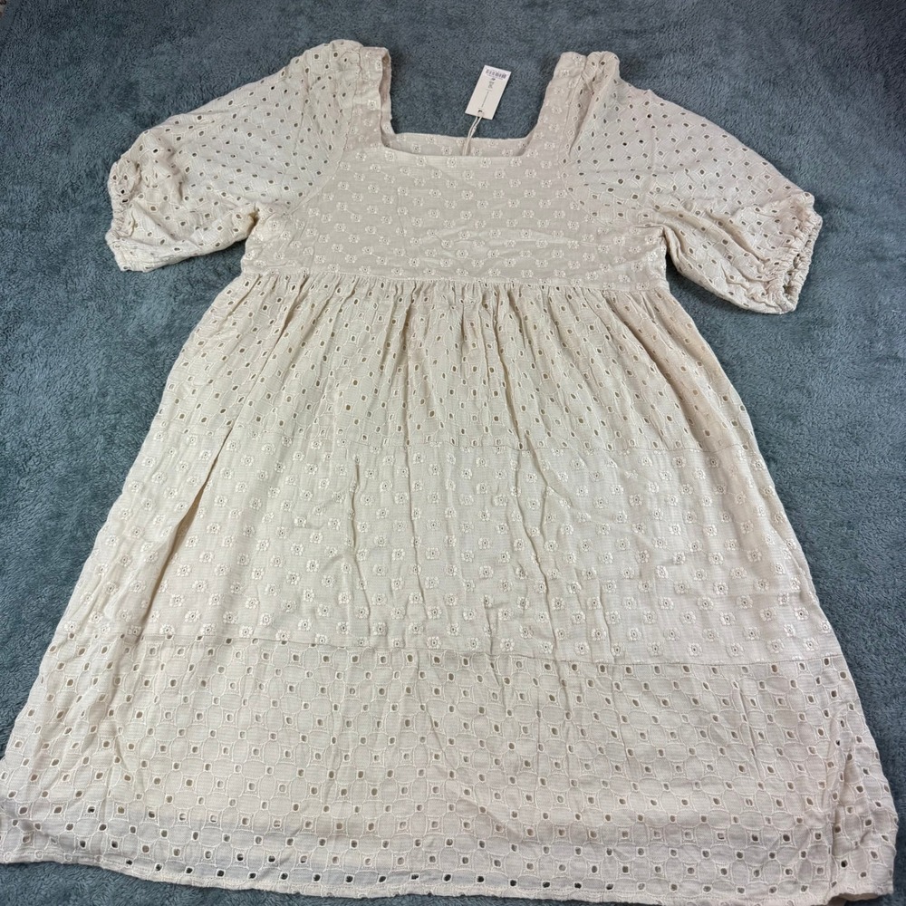 Rylee + Cru Natural Eyelet Lace Babydoll Dress Cream Puff Sleeve Small RCW271NA - Picture 9 of 11